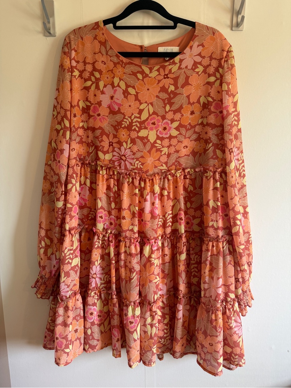 Peach Love California Floral Tiered Boho Mini Dress Large Cottagecore